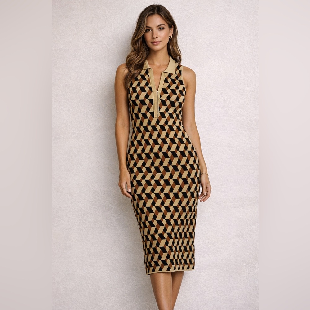 House of Harlow 1960 Black and Tan geometric print sweater Midi Dress